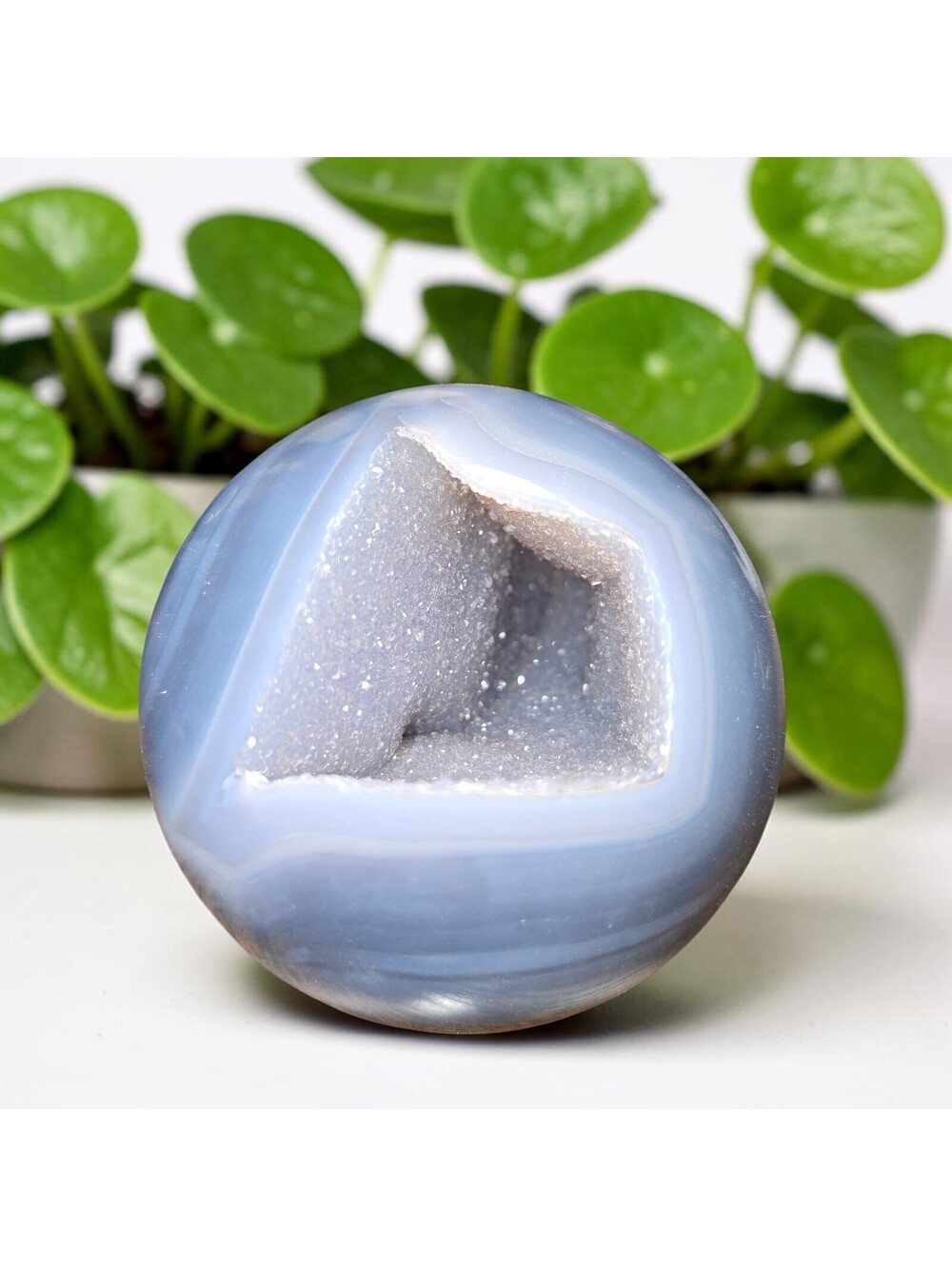 A388. Blue Banded Agate w/Druzy Cave Natural Crystal Sphere Orb 79mm